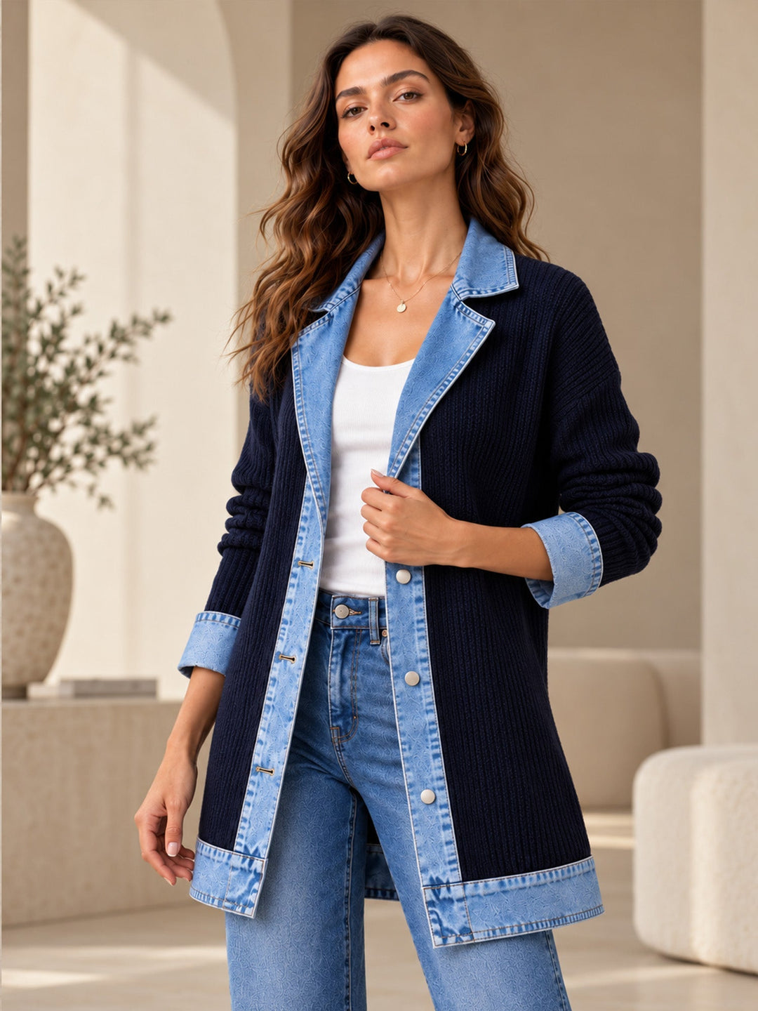 Rose | Manteau en denim avec empiècement en maille côtelée pour femme