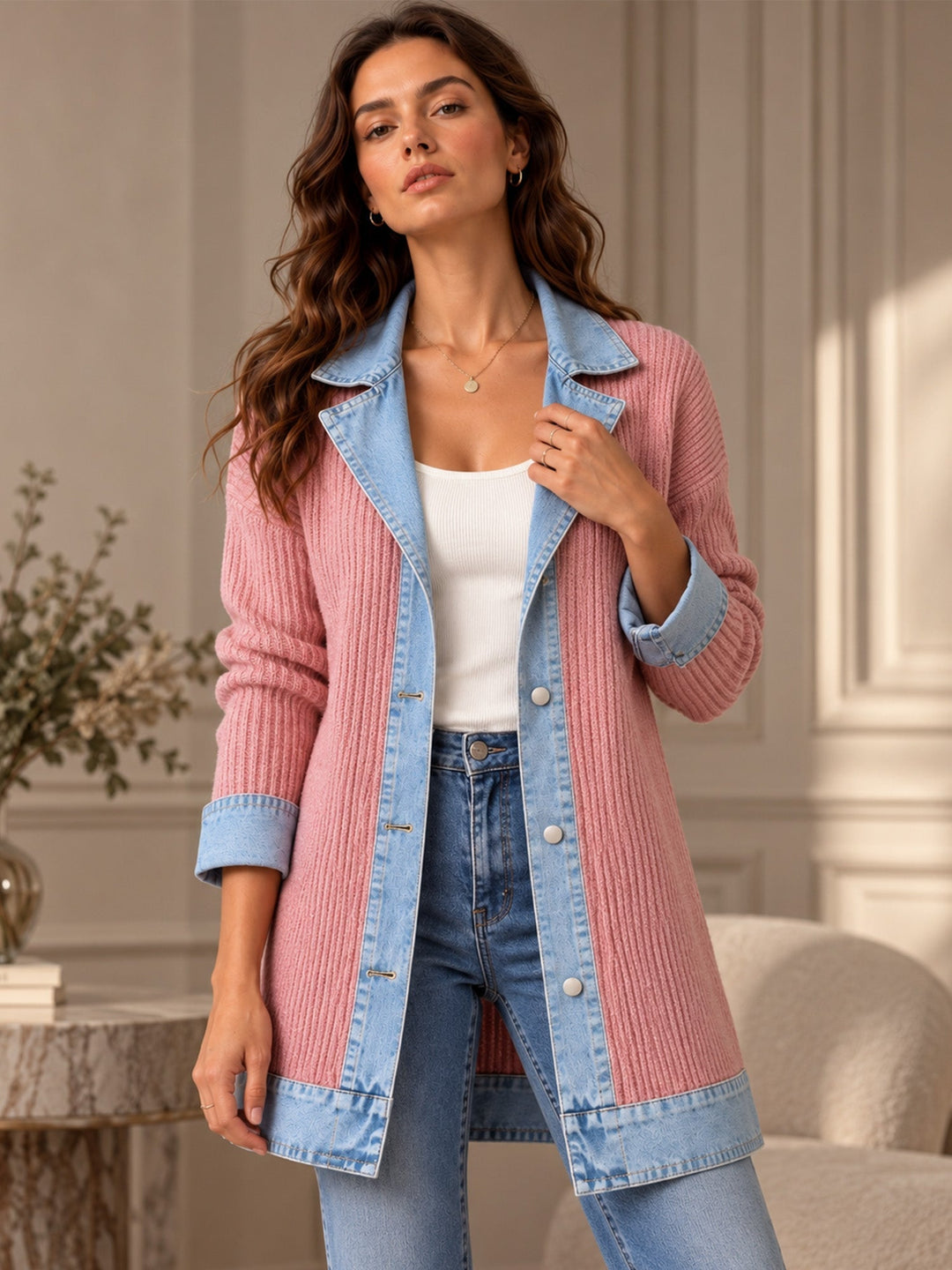 Rose | Manteau en denim avec empiècement en maille côtelée pour femme