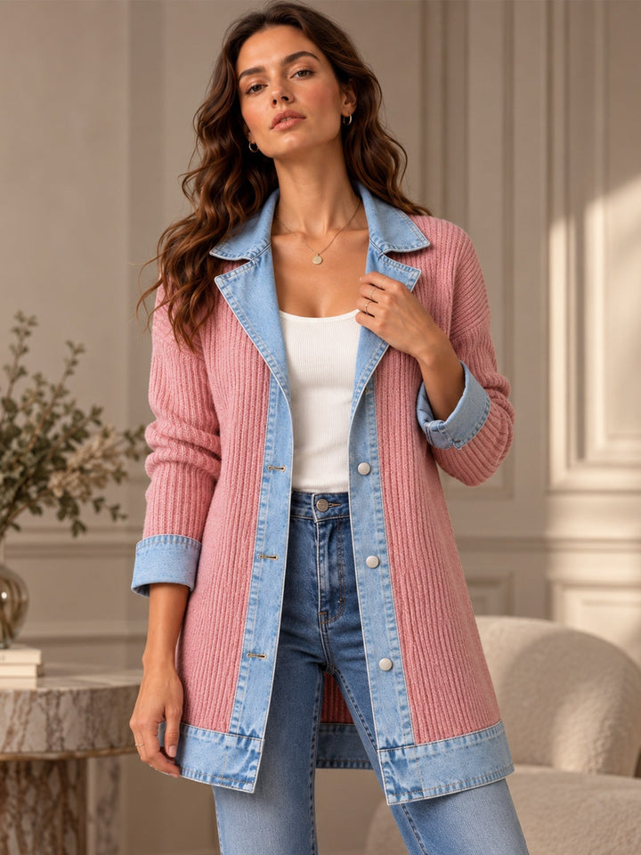 Rose | Manteau en denim avec empiècement en maille côtelée pour femme