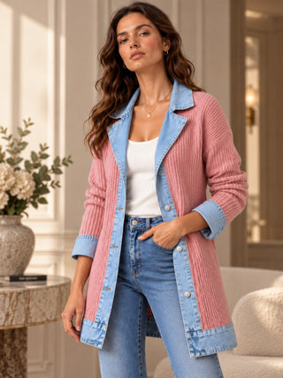 Rose | Manteau en denim avec empiècement en maille côtelée pour femme