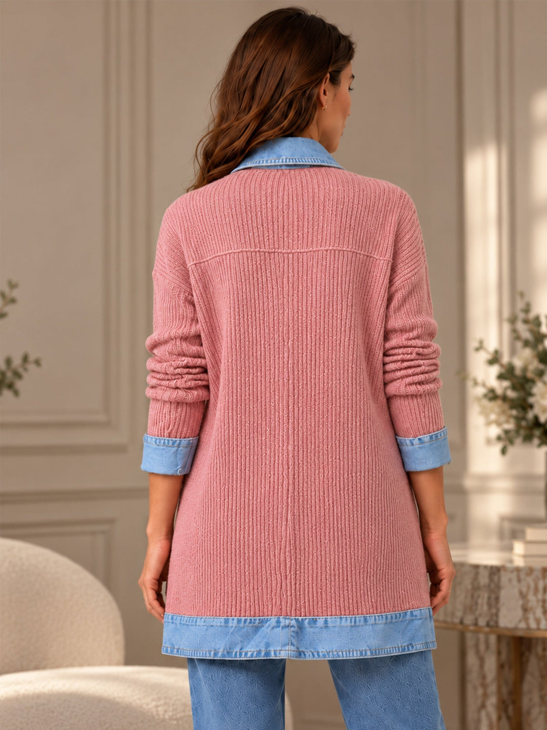 Rose | Manteau en denim avec empiècement en maille côtelée pour femme