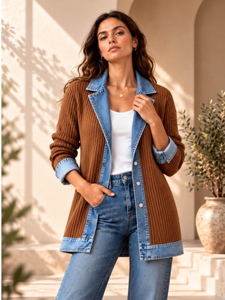 Rose | Manteau en denim avec empiècement en maille côtelée pour femme