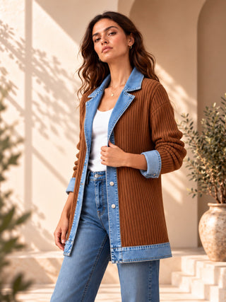 Rose | Manteau en denim avec empiècement en maille côtelée pour femme
