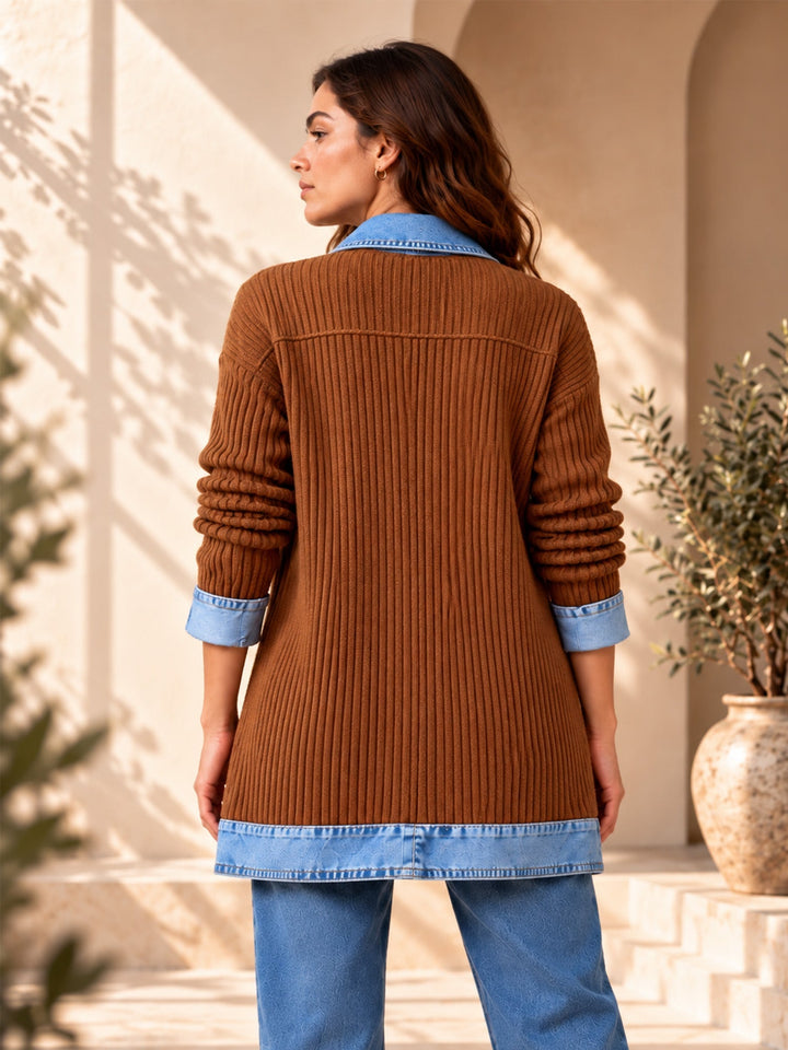 Rose | Manteau en denim avec empiècement en maille côtelée pour femme