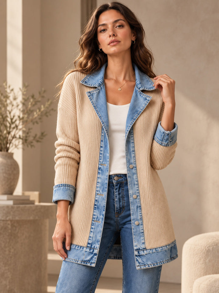 Rose | Manteau en denim avec empiècement en maille côtelée pour femme