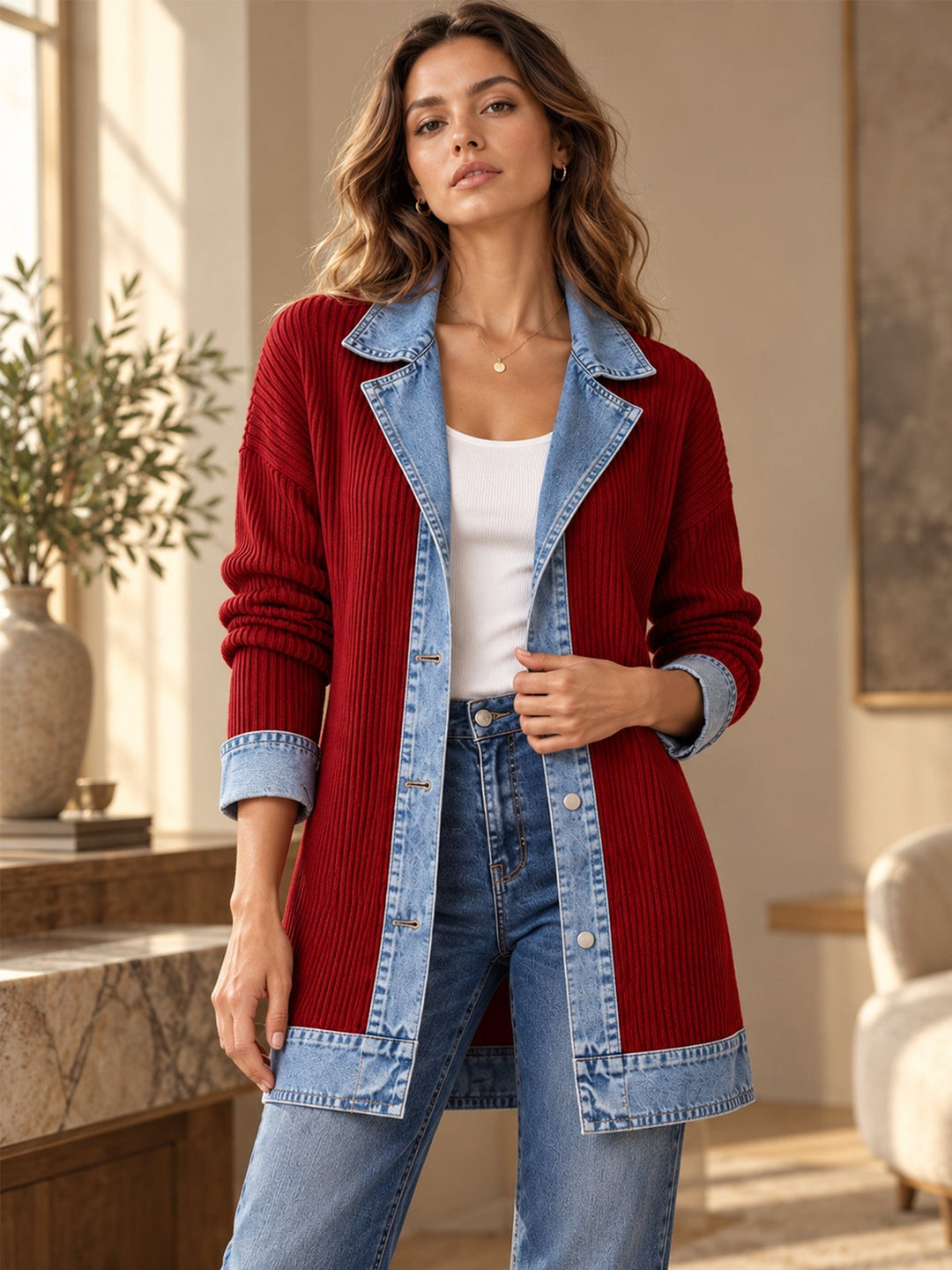 Rose | Manteau en denim avec empiècement en maille côtelée pour femme