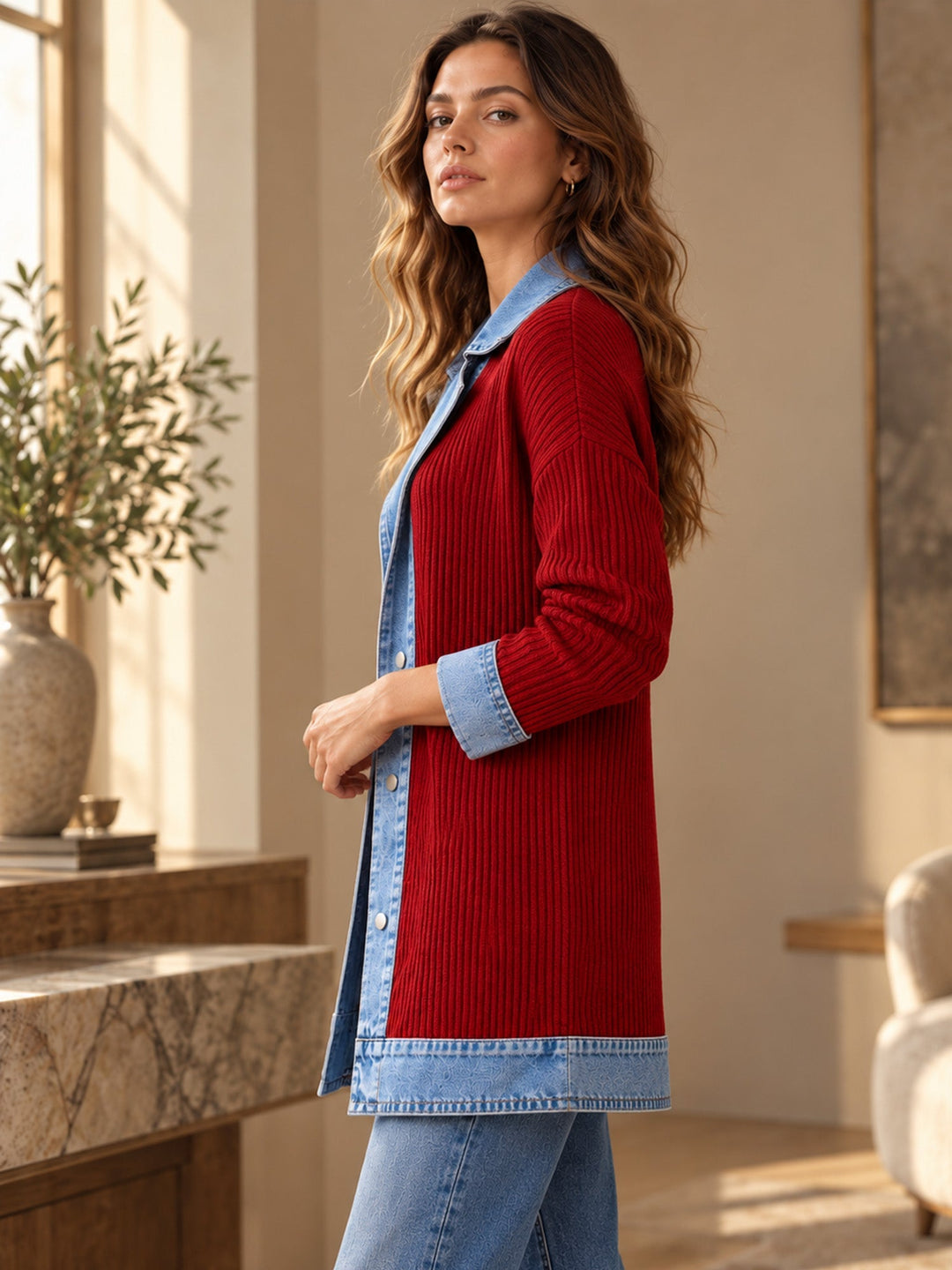Rose | Manteau en denim avec empiècement en maille côtelée pour femme