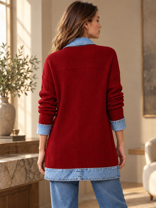 Rose | Manteau en denim avec empiècement en maille côtelée pour femme