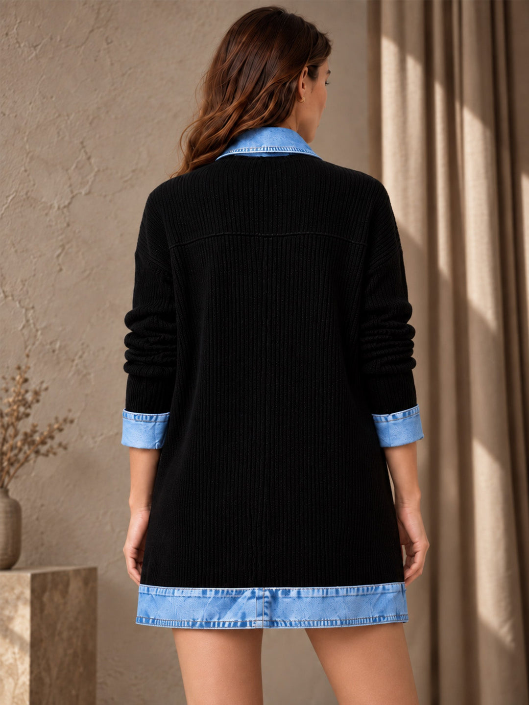 Rose | Manteau en denim avec empiècement en maille côtelée pour femme