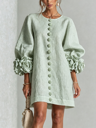 Joséphine | Robe Mini Boutonnée Florale Blanche à Manches Fleuries