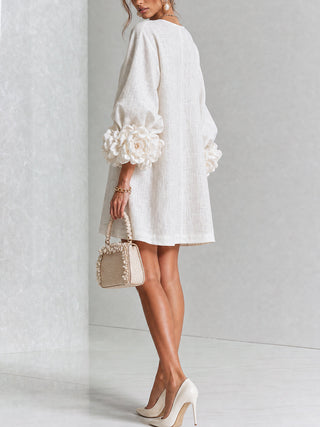 Joséphine | Robe Mini Boutonnée Florale Blanche à Manches Fleuries