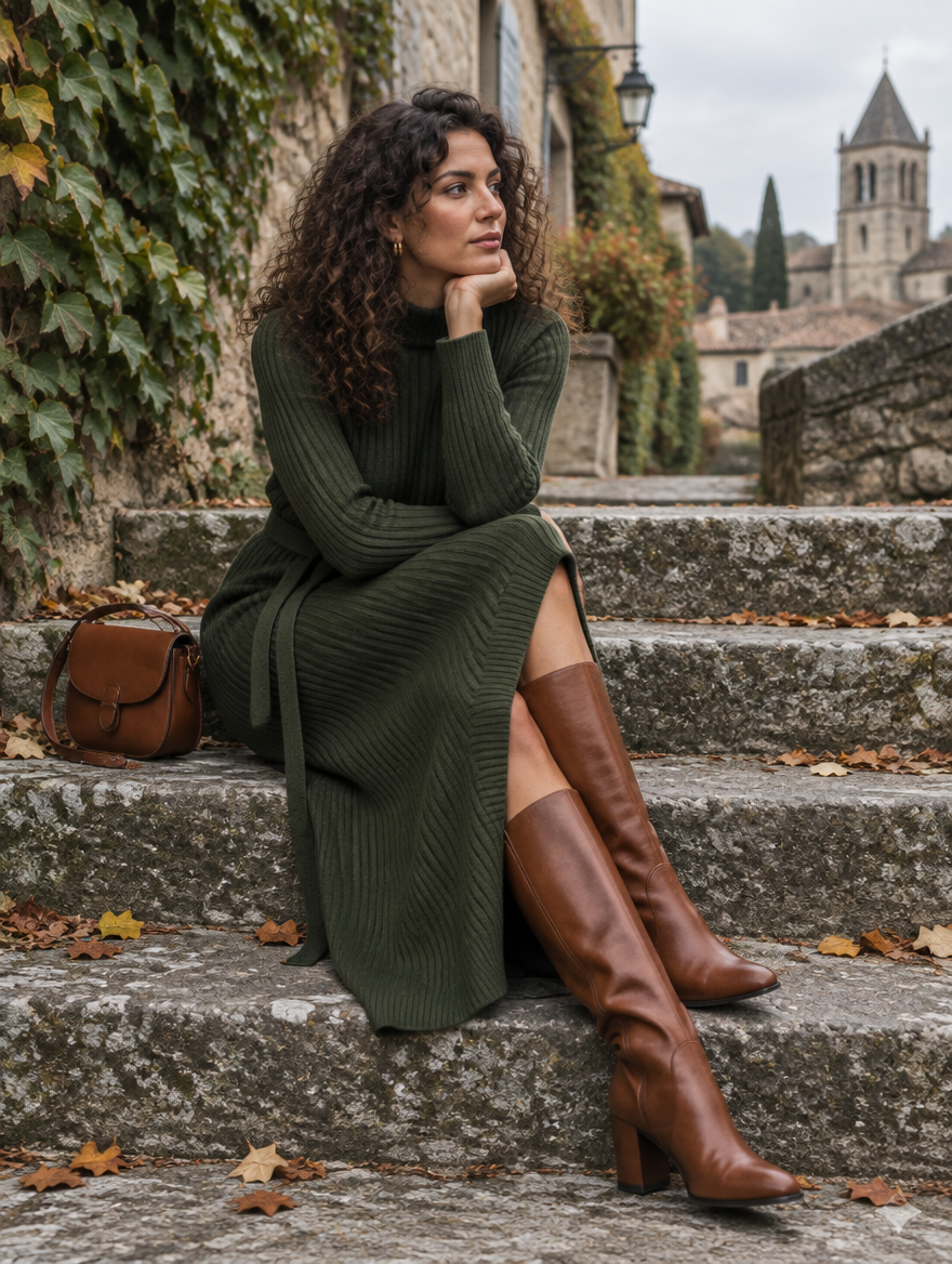 AMÉLIE | Robe pull longue côtelée et ceinturée