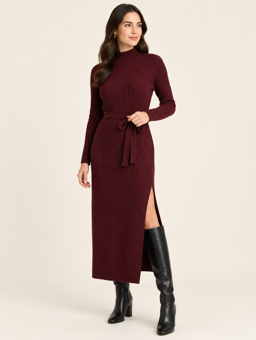 AMÉLIE | Robe pull longue côtelée et ceinturée