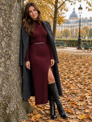 AMÉLIE | Robe pull longue côtelée et ceinturée