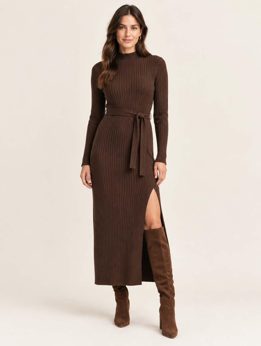 AMÉLIE | Robe pull longue côtelée et ceinturée