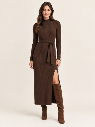 AMÉLIE | Robe pull longue côtelée et ceinturée